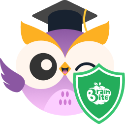 BrainBite mascot holding a green shield