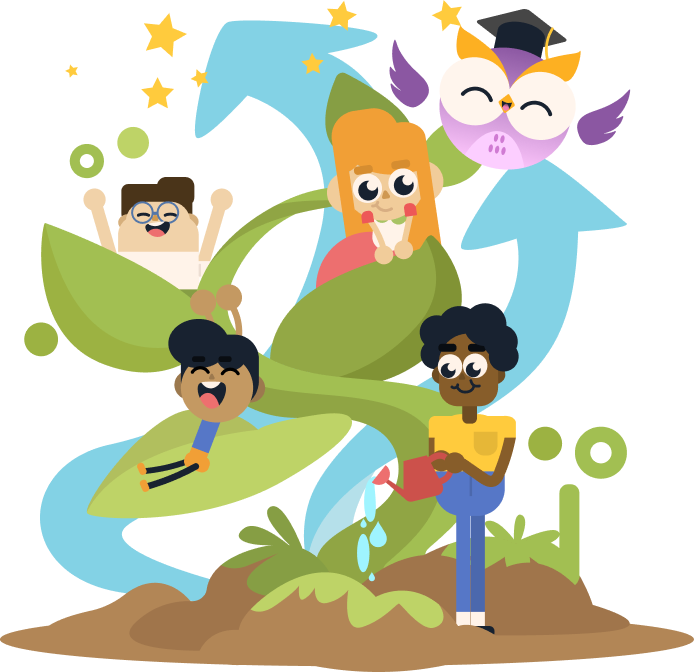 Friendly mentor characters guiding children up a beanstalk